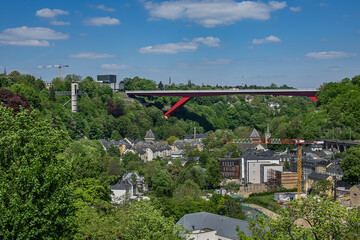 Fototapeta premium Beautiful panoramic view of Old town and Kirchberg district in North-eastern Luxembourg City. Grand Duchy of Luxembourg.