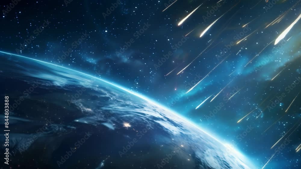 Poster earth viewed from space with meteor shower. high-resolution space photography. astronomy and cosmic 