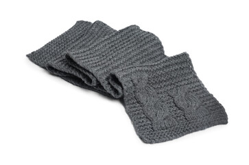 One grey knitted scarf on white background
