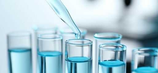 Dripping liquid from pipette into test tube on blurred background, closeup