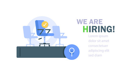 We are hiring. We are hiring announcement banner with four empty office chairs ready to be occupied . Job vacancy concept banner for searching and apply jobs