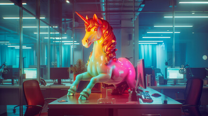 licorne en plastique colorée dans un bureau d'affaires