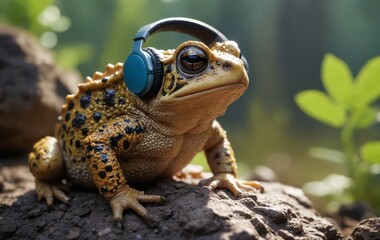 Obraz premium An amphibian frog with headphones perched on a rock