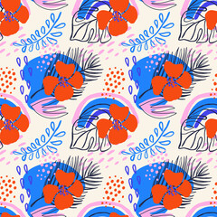 Abstract seamless pattern with tropical rainforest plants. Cute hand drawn textures, leaves and flowers. Bright modern background for paper, textile, social media design. Vector illustration. © danielekaterina