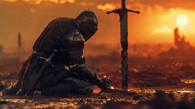 An old and exhausted knight in bloody armor kneels on the battlefield, holding a damaged sword. An orange sunset illuminates the scene, reflecting the sadness and gravity of the moment.