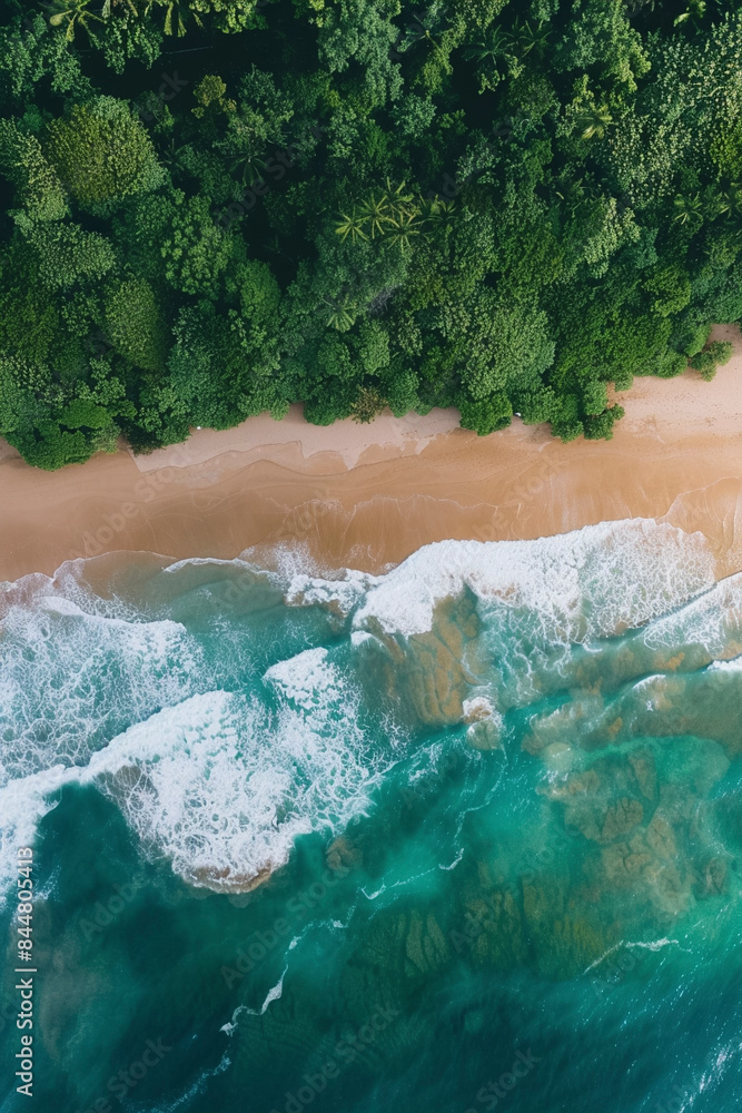 Wall mural breathtaking aerial photo of sunny beach with tropical greens coastline and crystal blue waters