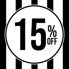 15 percent off, with white and black strips background.