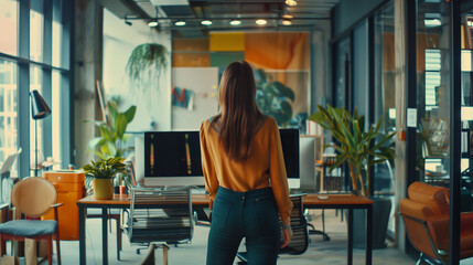 jeune femme en jean de dos dans un bureau