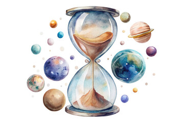 Fototapeta premium Watercolor Hourglass With Planets featuring a cosmic hourglass surrounded by colorful planets and stars, isolated on transparent background, png.