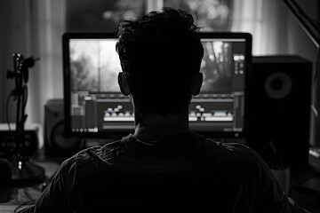 Video editor working late night in studio