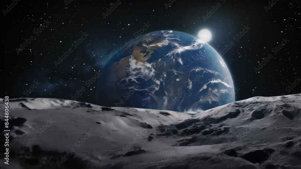 Poster view of earth from the surface of the moon. high-resolution space photography. lunar landscape and s