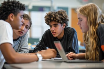 Students Collaborating on Science Project with Laptop in Classroom Setting - Teamwork and Education Focus