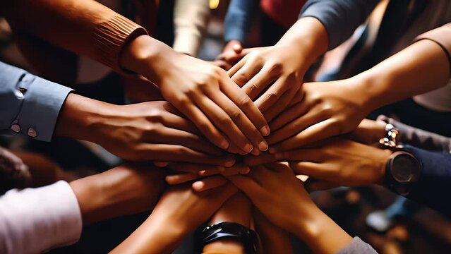 Friendship people join hands together, in Top View and close up Point Angle.