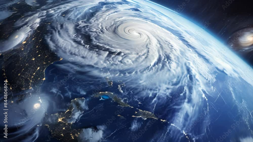 Poster satellite view of earth showing multiple hurricanes and city lights at night. high-resolution space 