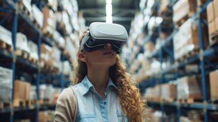 Female Worker Using Virtual Reality in Modern Warehouse