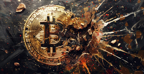 Scam, bitcoin crash concept. Crypto currency, gold bitcoin, BTC, close-up. Bitcoin coins on black background. Blockchain technology.