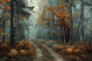 Misty Autumn Forest Path with Birch Trees