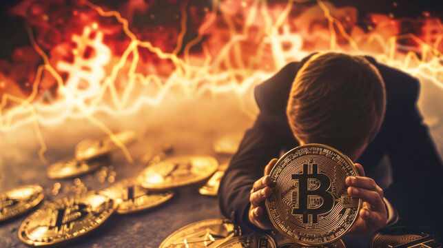 Scam, bitcoin crash concept. Cryptocurrency, gold bitcoin coin, BTC. - Powered by Adobe