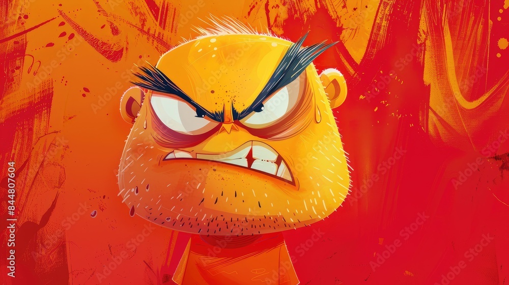Poster raster illustration featuring an angry cartoon character with a hilariously grumpy expression set ag