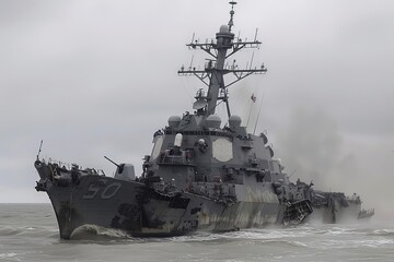 Damaged Navy Warship in Rough Seas