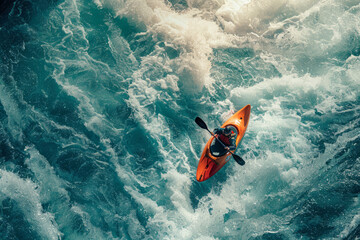 energy of whitewater kayakers navigating through dangerous fast water kayaking, top view
