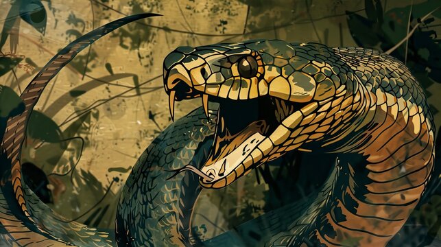 An illustration of a king cobra snake with hood out about to strike, Snake drawing