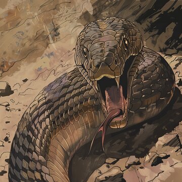 An illustration of a king cobra snake with hood out about to strike, Snake drawing