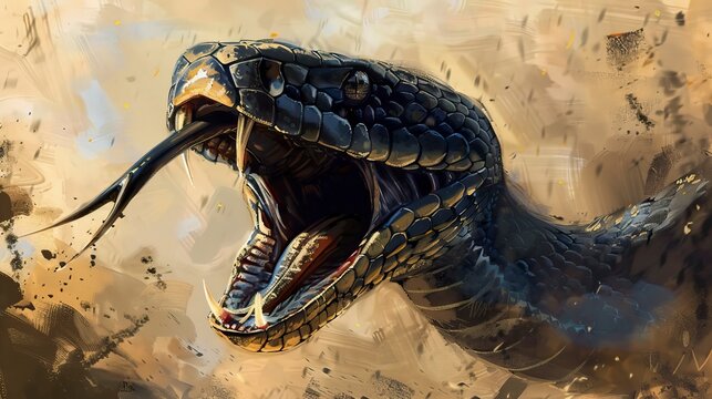 An illustration of a king cobra snake with hood out about to strike, Snake drawing