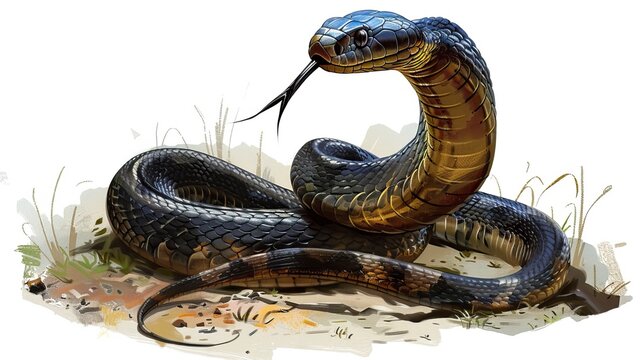 An illustration of a king cobra snake with hood out about to strike, Snake drawing
