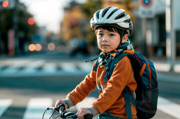 child In an orange jacket on bicycle wearing safety helmet and backpack at pedestrian crossing, showcasing safe travel to school, student health, and the importance of child road safety