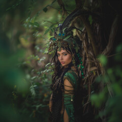 belle femme avec couronne de plantes verte dans une forêt dense