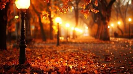 Soft focus on fallen leaves in a park accented by the golden glow of streetlights peeking through the branches setting the scene for a peaceful autumn stroll. .