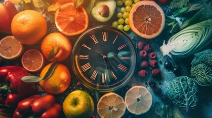 Fototapeta premium Healthy Nutrition Concept: Clock with Fresh Fruits and Vegetables for Wellness and Diet