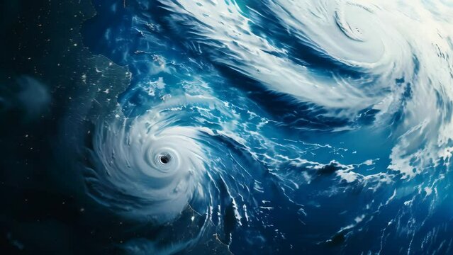 two hurricanes forming over the Atlantic Ocean viewed from space. High-resolution satellite imagery. Weather and climate science concept.