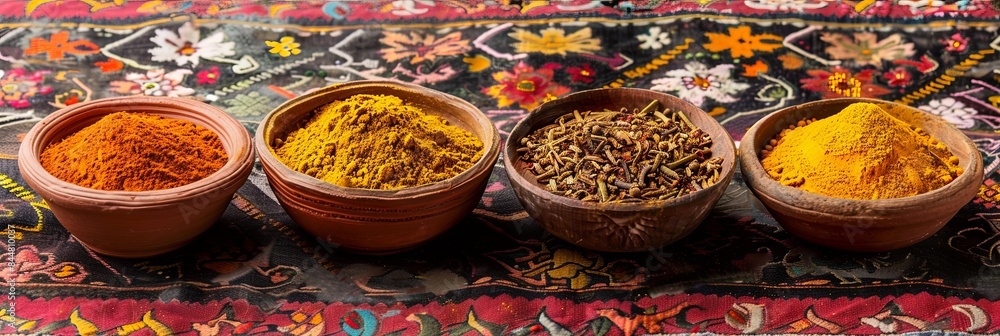 Aufkleber a close-up of traditional moroccan spices in clay bowls, arranged on a colorful fabric background. g