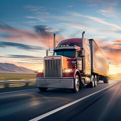 American style truck on freeway pulling load, sunseys