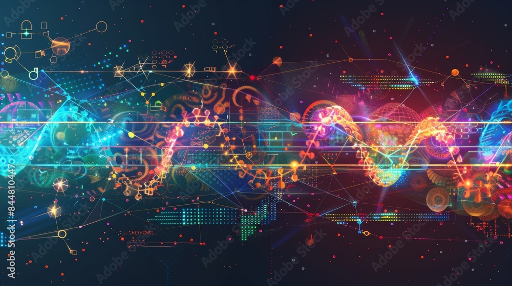 Poster digital abstract concept of dna strand with vibrant colors and scientific data visualization backgro