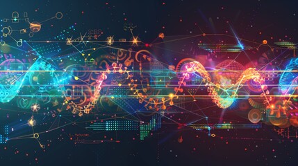Digital Abstract Concept of DNA Strand with Vibrant Colors and Scientific Data Visualization Background
