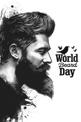 Fototapeta premium World Beard Day illustration featuring a bearded man in a monochrome artistic style. Celebrating beard culture.