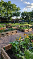 Vibrant School Garden with Raised Beds and Colorful Flowers for Educational Gardening