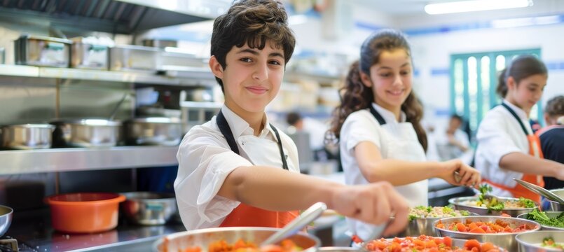 Students in Cooking Club Enjoying Culinary Arts in Modern School Kitchen