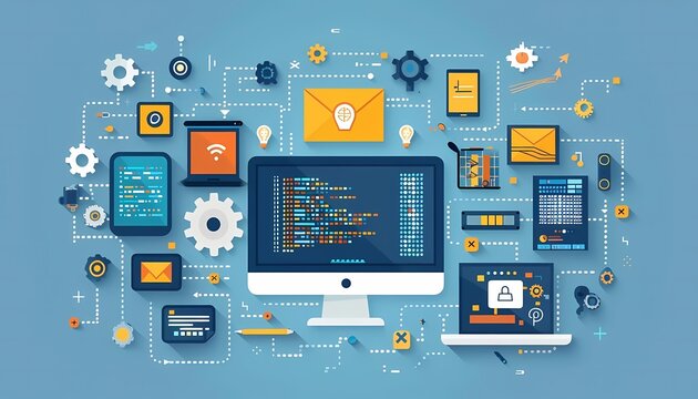Flat design of information technology management with IT infrastructure, network management, and server maintenance