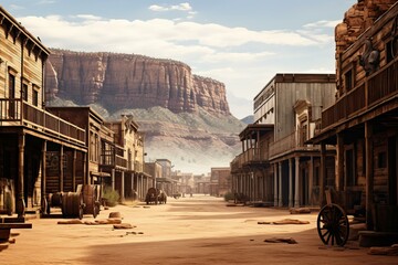 Captivating scene of a deserted, sunlit wild west town with rustic wooden buildings and a towering mountain