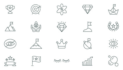 Mission, vision & value line icon set. Infographic icon, core values, performance, innovation, goals, integrity, customer, commitment, quality, teamwork outline icon collection.