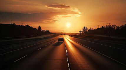 Fototapeta premium Country road with cloudy sky in the light of the dawn sunset, AI Generative.