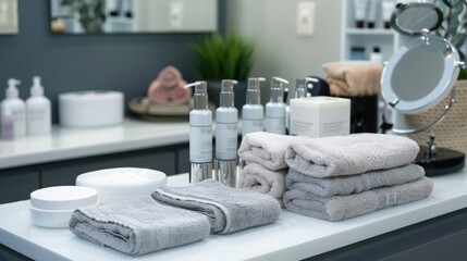 Clean and Organized Microdermabrasion Treatment Table with Tools, Towels, and Skincare Products