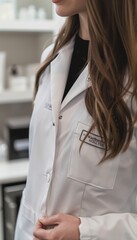 Professional Aesthetician in White Coat Displaying Certification Badge for RF Lifting Treatments