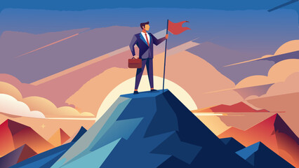 businessman on top of mountain