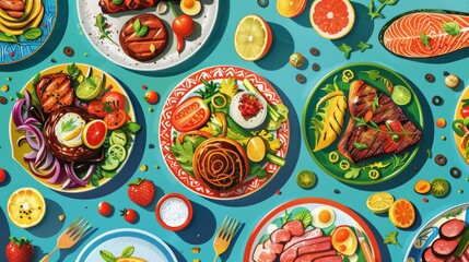 Delicious Keto Recipe Book Cover Featuring Grilled Meats and Fresh Salads with Modern Design