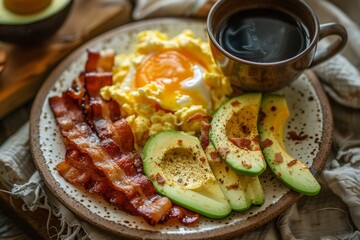 Keto-Friendly Breakfast Spread with Scrambled Eggs, Bacon, Avocado, and Black Coffee in Rustic Setting